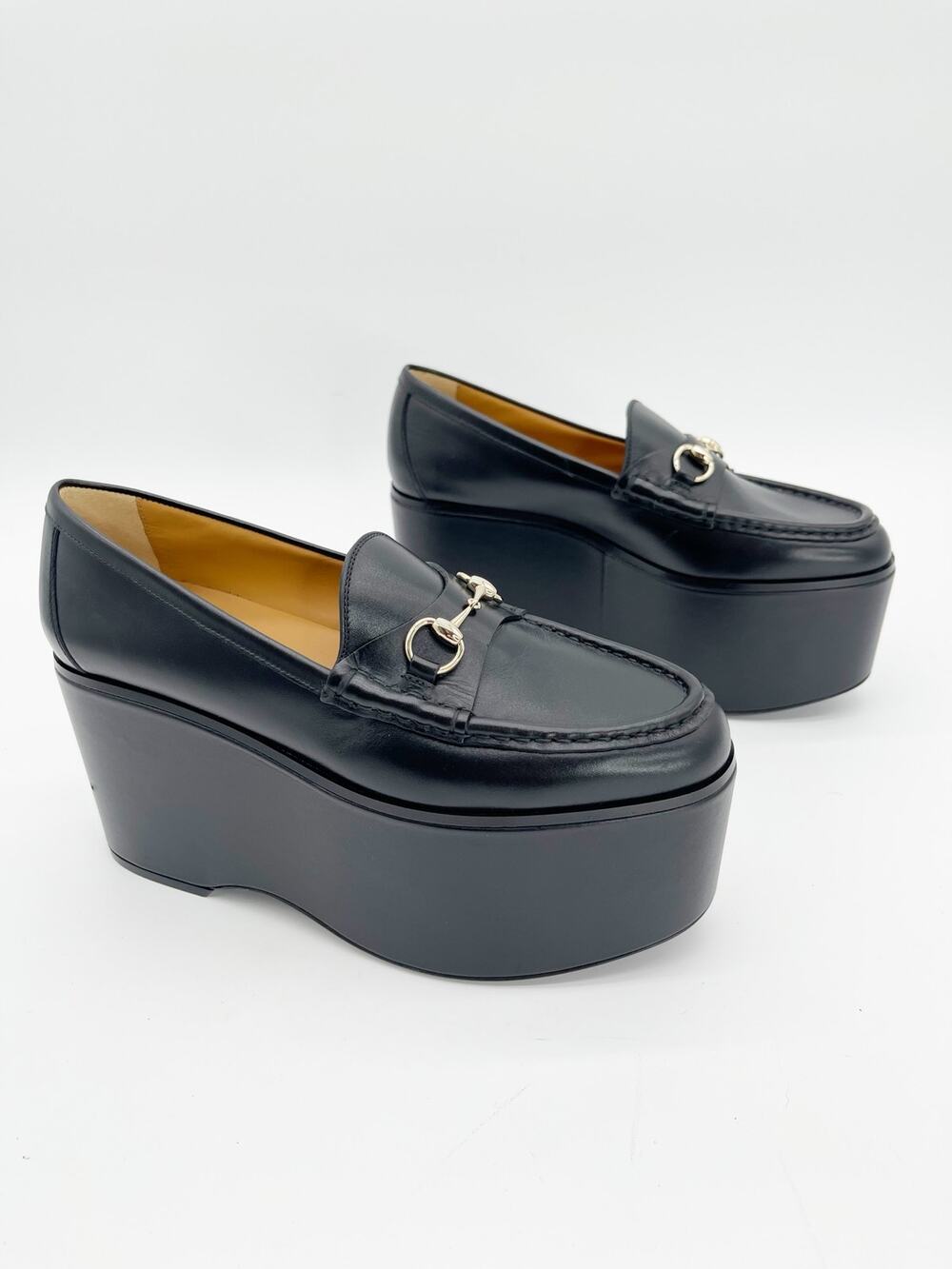 Gucci Ancora S/S 2024 Runway Black Leather Horsebit Platform Loafers IT 38